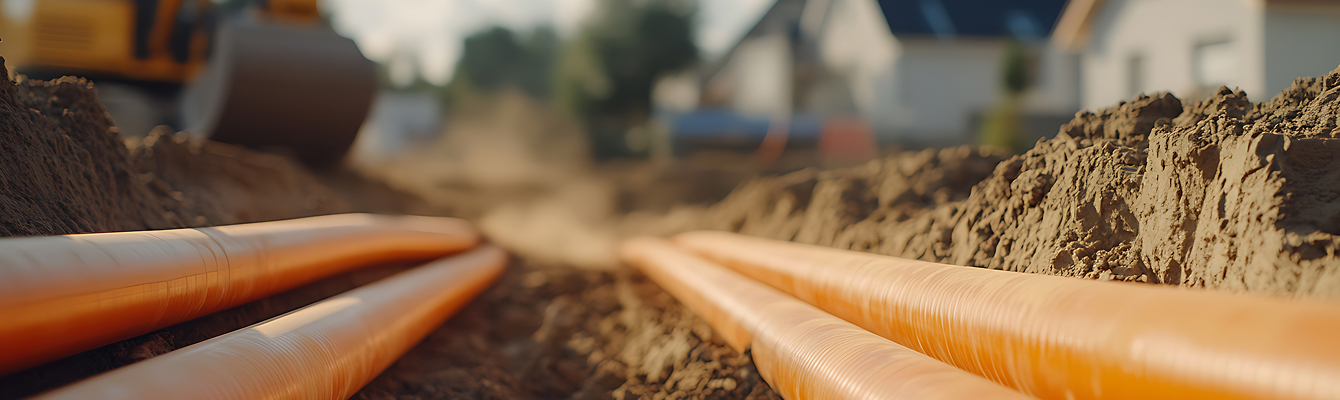 Entreprise terrassement : tranchée technique avec conduites et gaines, préparation des raccordements sur un chantier résidentiel